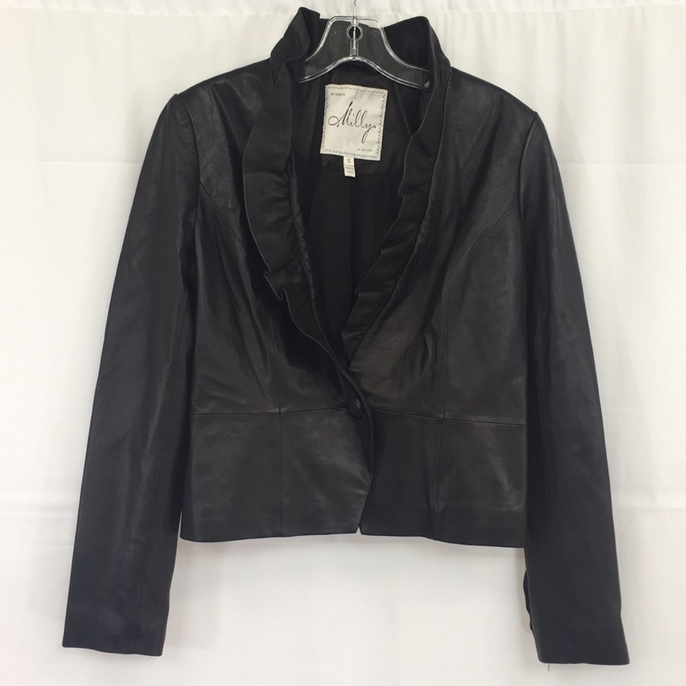 Milly Black Lamb Leather ruffle collar jacket